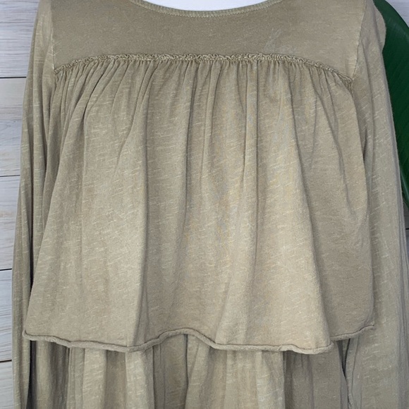 SOLD! Tan Acid Washed Top with Wide Long Sleeves and Ruffle Detailing - Picture 2 of 10